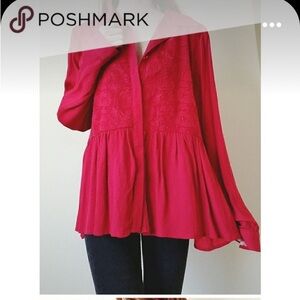 NWOT Sundance Embroidered Floral Lace Tunic with Peplum Hem, Red, Size XS